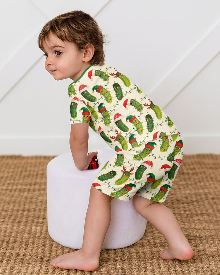 Cheerful Christmas Pickle Bamboo Two Piece Short Sleeve Shorts Pajama Set