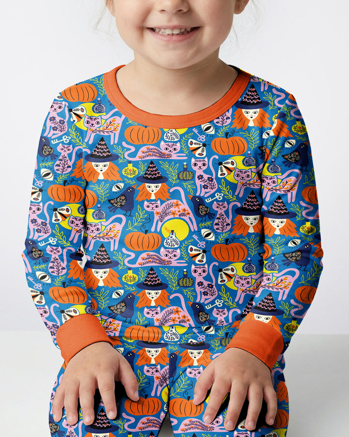 Whimsical Witch Cats Bamboo Two Piece Long Sleeve Pajama Set
