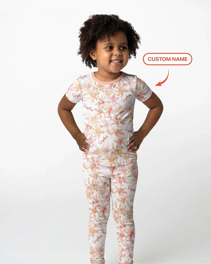 Custom Name Birth Month Flowers Bamboo Two Piece Short Sleeve Pajama Set