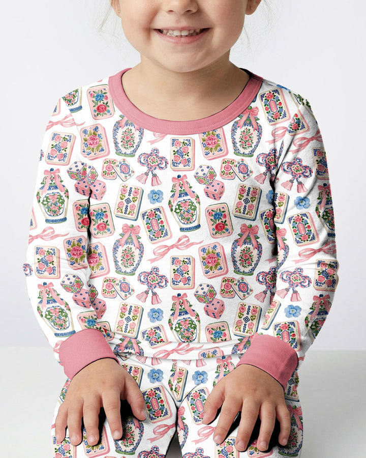 Chinoiserie Mahjong Mommy & Me Matching Bamboo Two Piece Long Sleeve Pajama Set