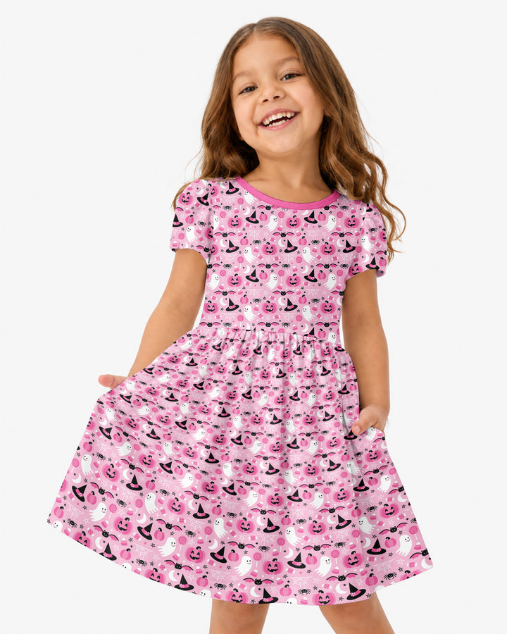 Cute Pink Halloween Ghost Pumpkin Witch Bamboo Twirl Dress