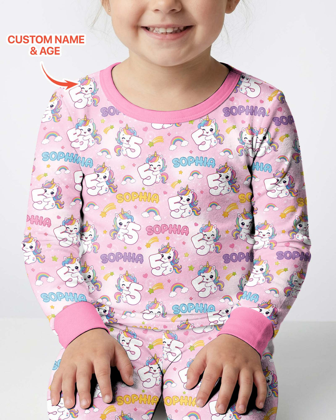 Custom Name Kawaii Unicorn Birthday Bamboo Two Piece Long Sleeve Pajama Set