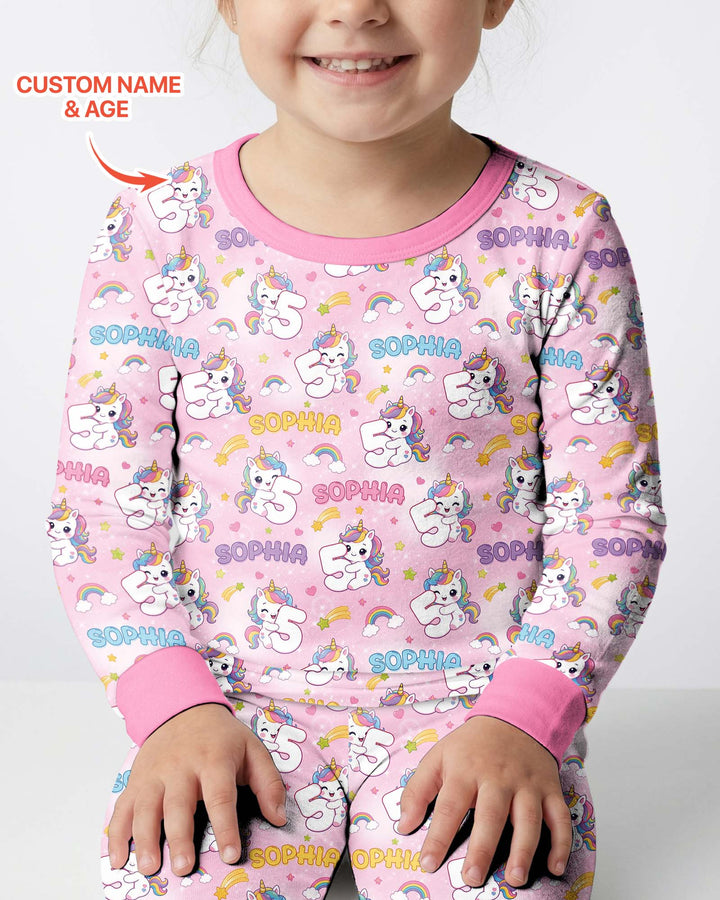 Custom Name Kawaii Unicorn Birthday Bamboo Two Piece Long Sleeve Pajama Set