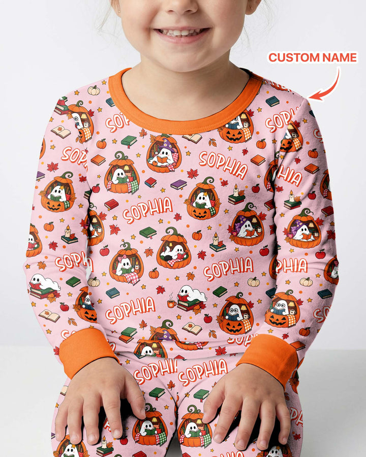 Bookish Ghost Halloween Custom Name Bamboo Two Piece Long Sleeve Pajama Set