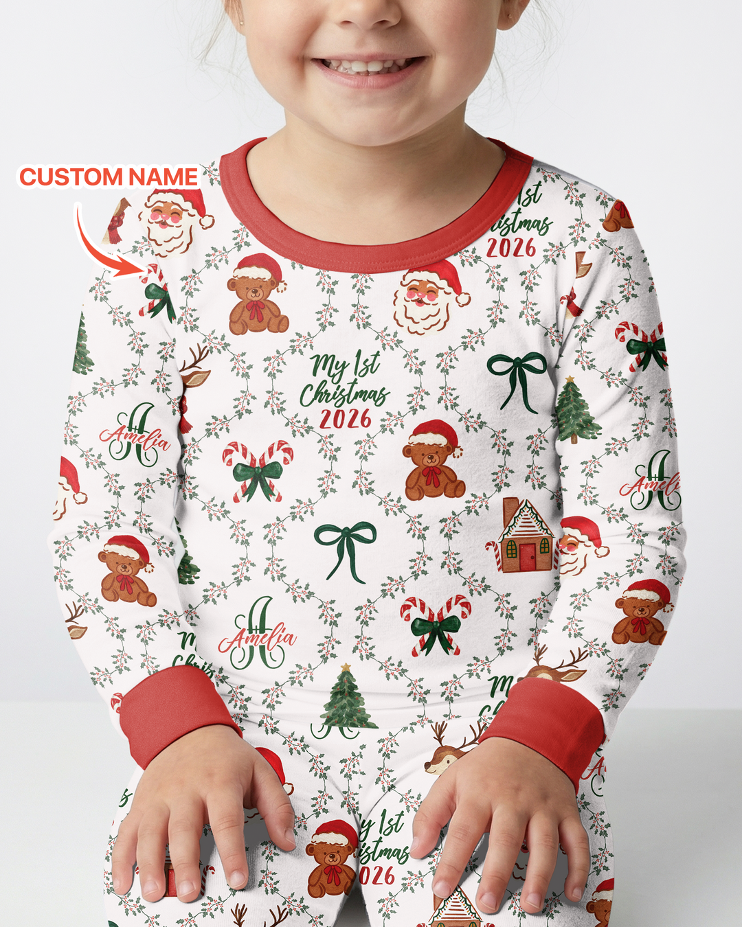 Custom name "Fancy Monogram Red Christmas 2026" Bamboo Two Piece Long Sleeve Pajama Set