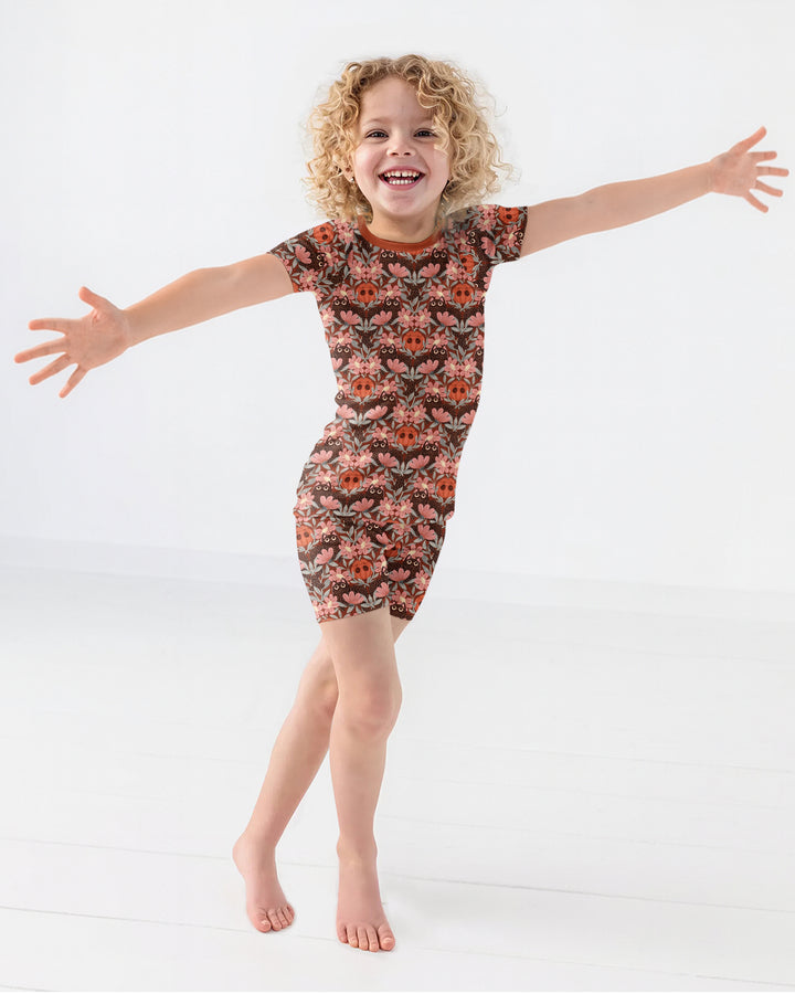 Spooky Owl Pumpkin Folk Floral Halloween Bamboo Two Piece Short Sleeve Shorts Pajama Set