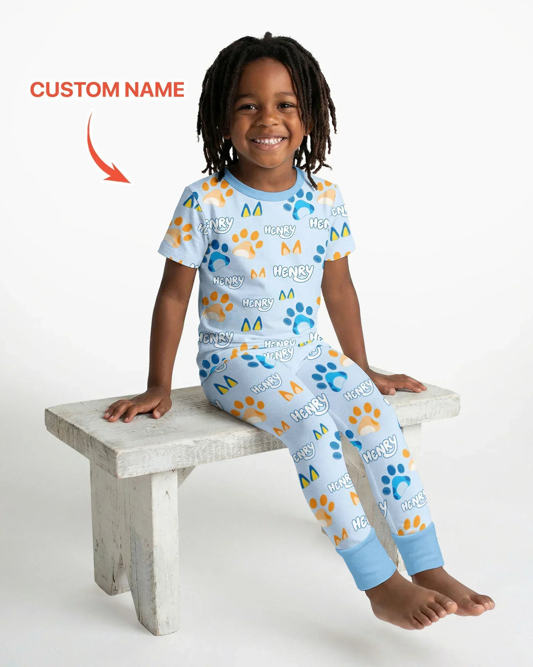 Custom Name Favourite Blue Dog Family Matching Bamboo Two Piece Short Sleeve Pajama Set