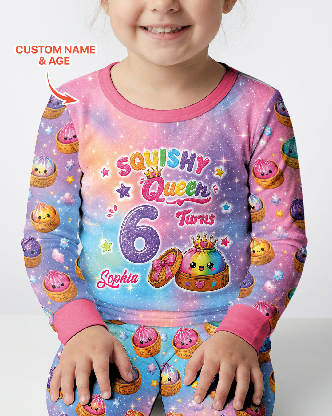Glitter Dumpling Birthday Girl Custom Name & Age Bamboo Two Piece Long Sleeve Pajama Set