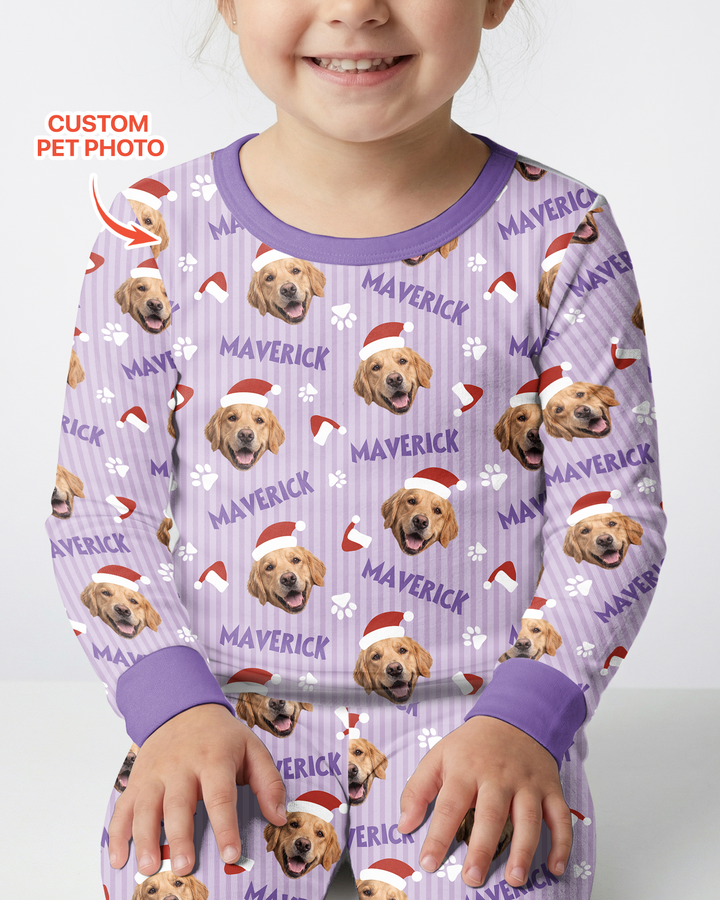 Custom Pet Photo Christmas Paws Stripe Bamboo Two Piece Long Sleeve Pajama Set