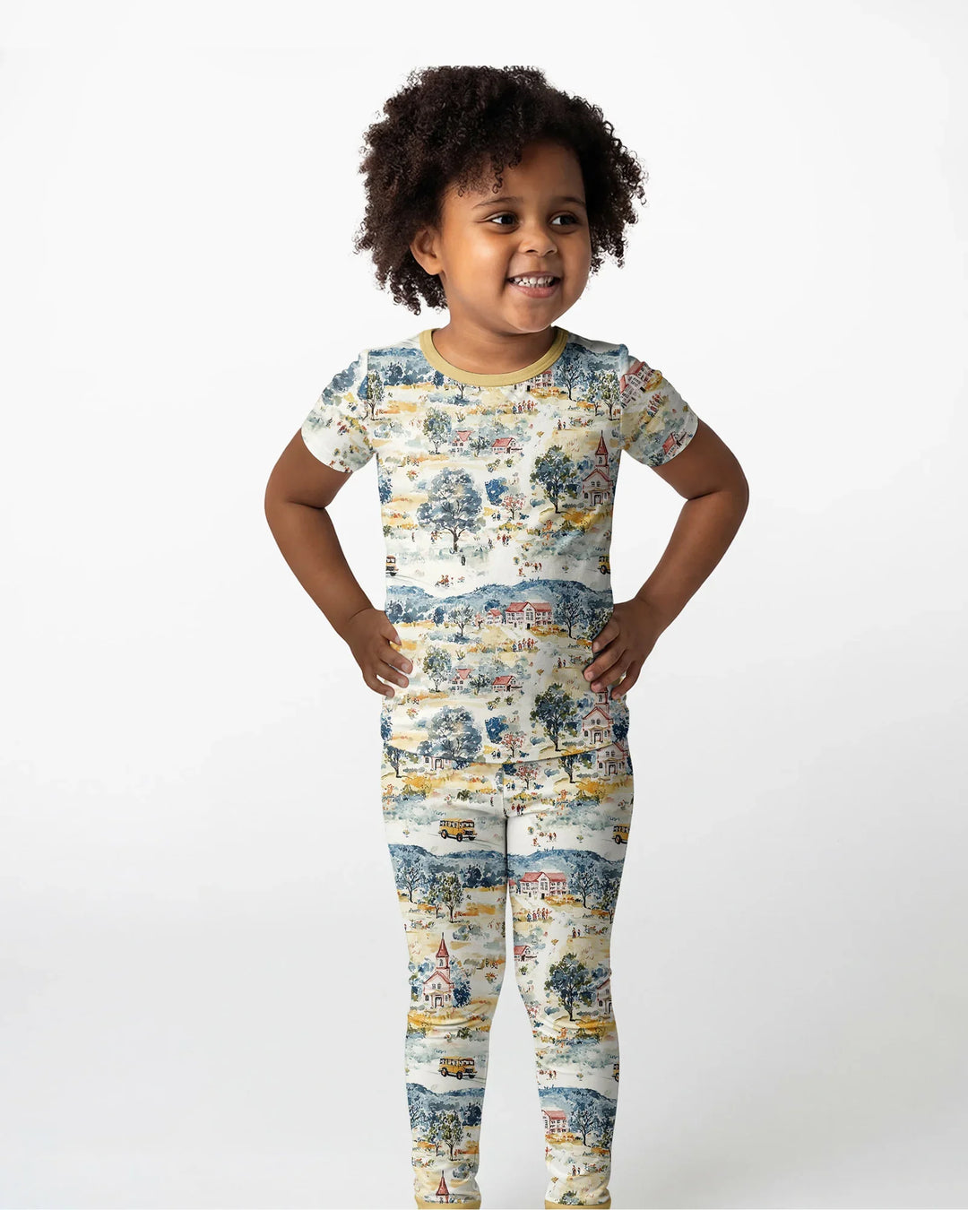 Whimsical Watercolor School Village Bamboo Two Piece Short Sleeve Pajama Set