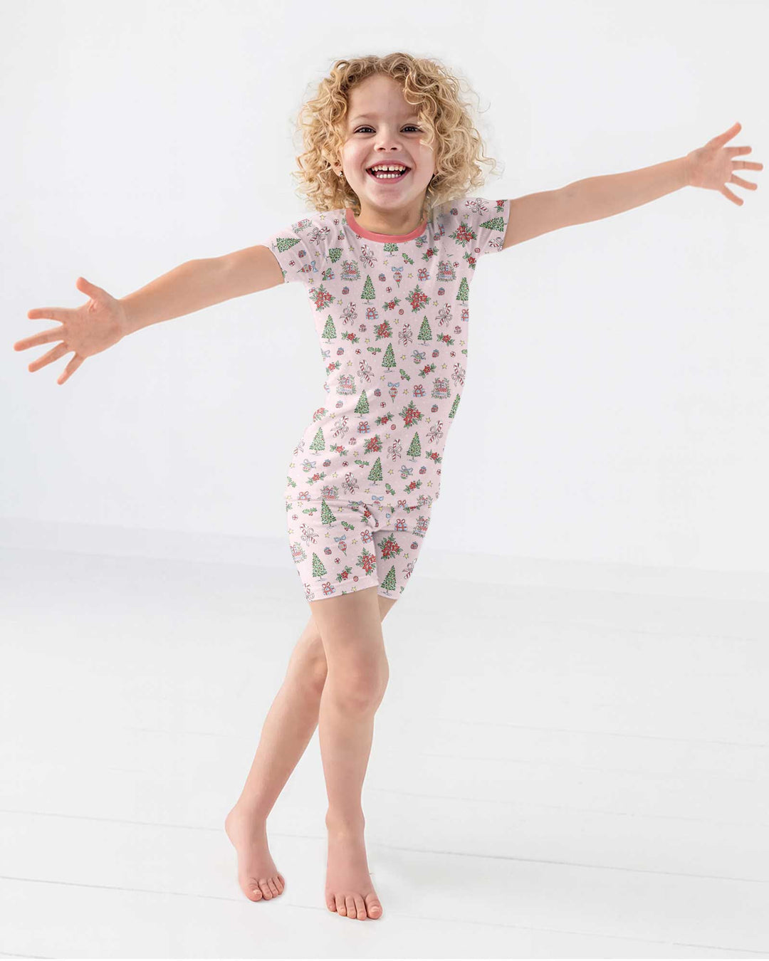 Watercolor Pink Christmas Holidays Christmas Tree Gifts Candy Cane Bamboo Two Piece Short Sleeve Shorts Pajama Set
