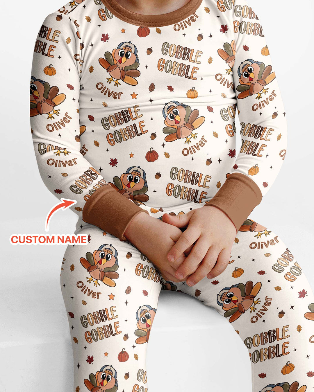 Custom Name Gobble Gobble Bamboo Two Piece Long Sleeve Pajama Set