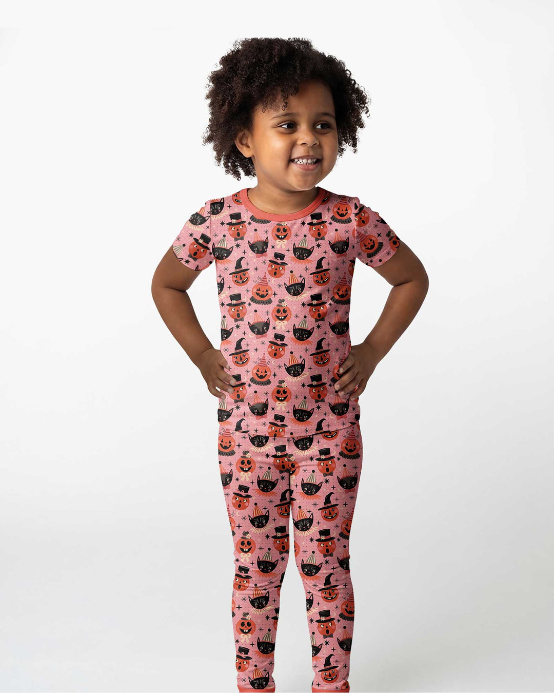 Retro Halloween Cats and Funny Pumpkins Bamboo Two Piece Short Sleeve Pajama Set