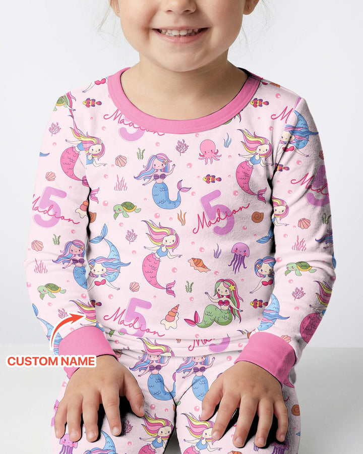 Custom Name Birthday Mermaid Bamboo Two Piece Long Sleeve Pajama Set