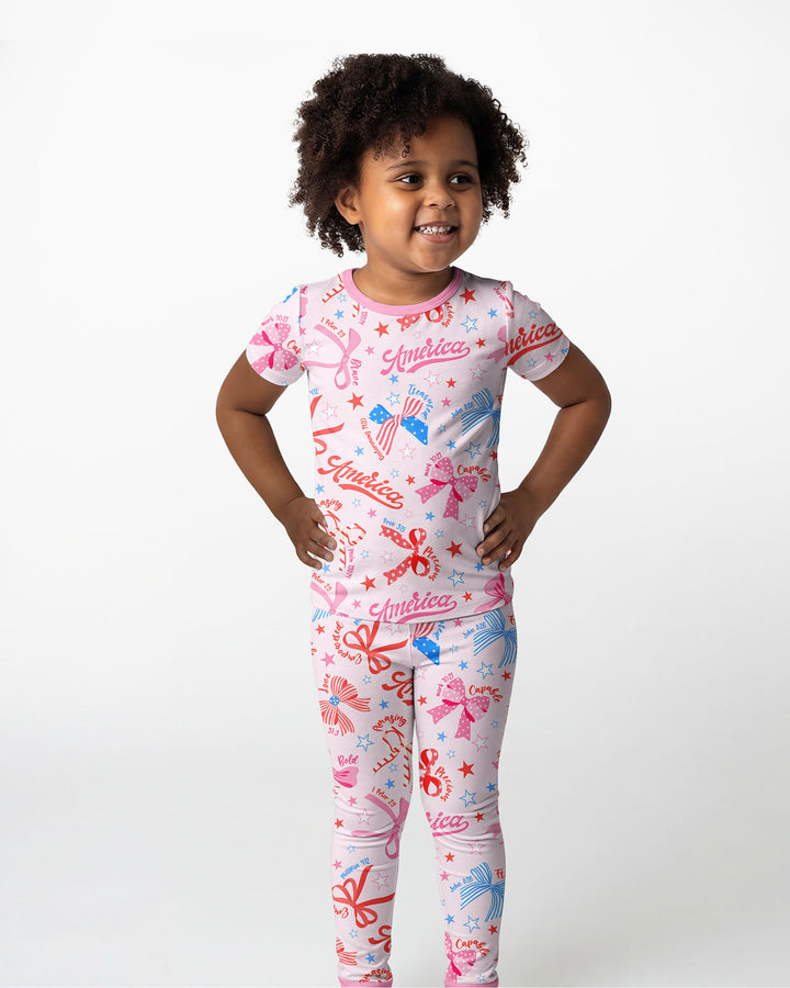 Pink Girly Patriotic Bamboo Two Piece Short Sleeve Pajama Set