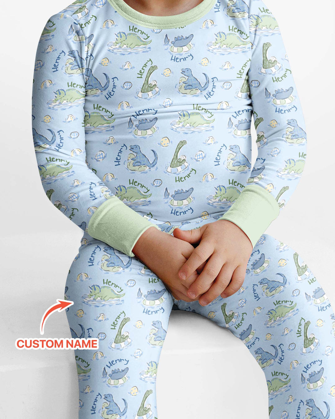 Dinos Swimming Custom Name Bamboo Two Piece Long Sleeve Pajama Set