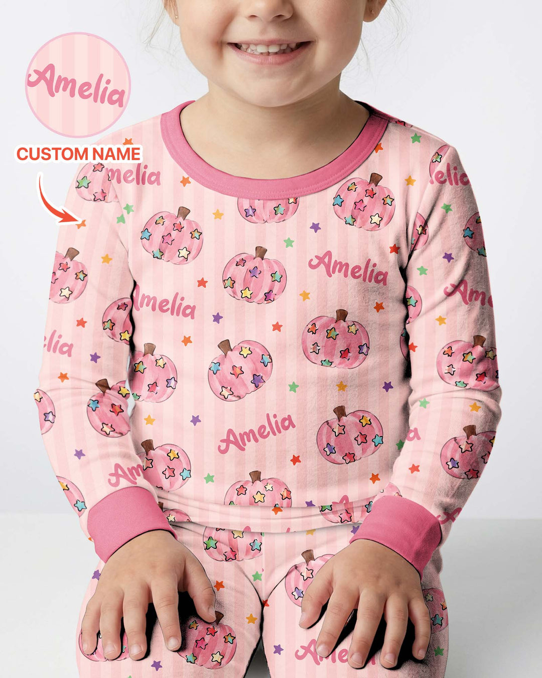 Colorful Star Pumpkin Custom Name Bamboo Two Piece Long Sleeve Pajama Set