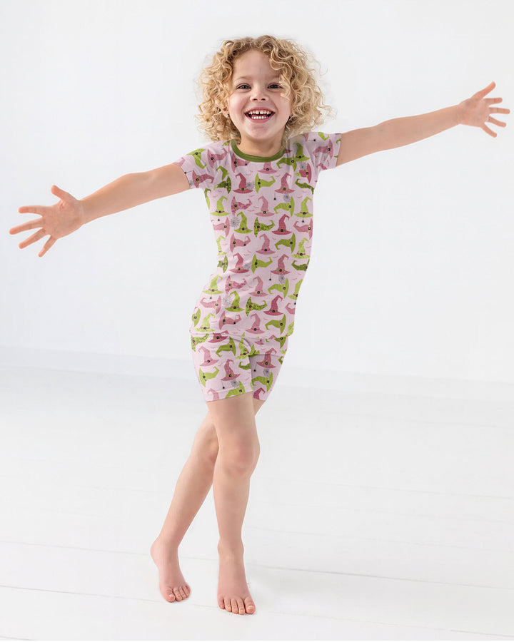 Pink Witch Hat Halloween Bamboo Two Piece Short Sleeve Shorts Pajama Set