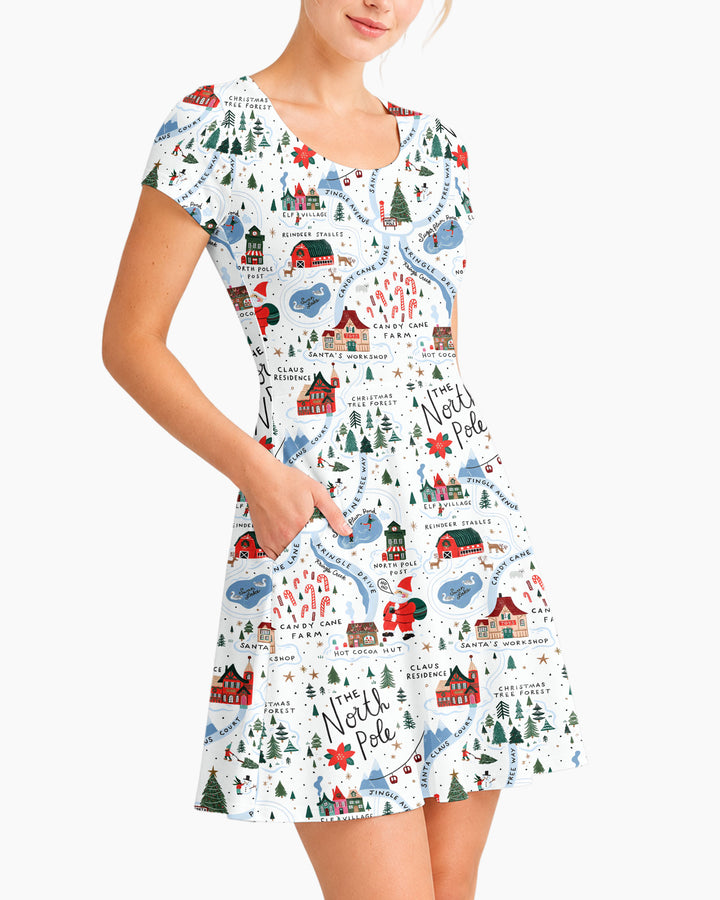 The North Pole Map Bamboo Women’s Short Sleeve Twirl Dress