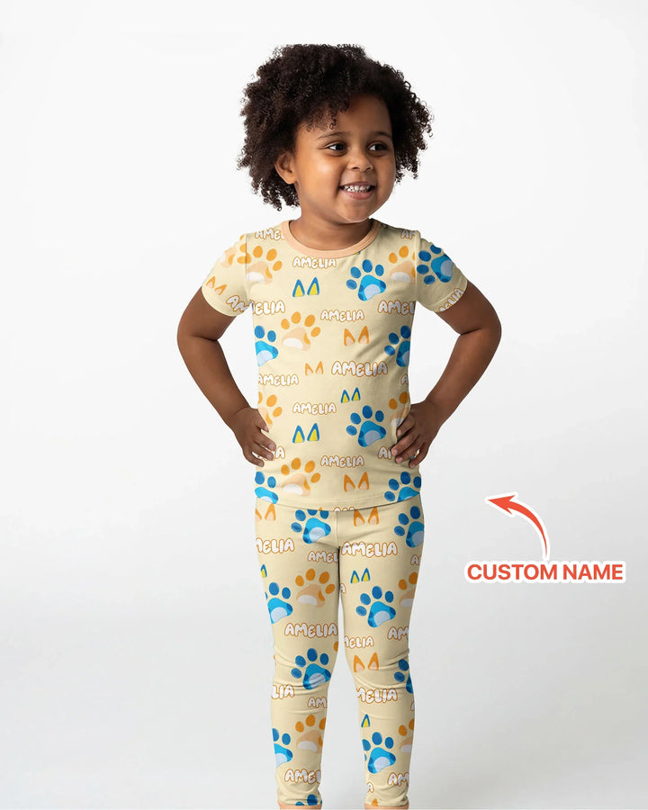 Custom Name Favourite Blue Dog Family Matching Bamboo Two Piece Short Sleeve Pajama Set