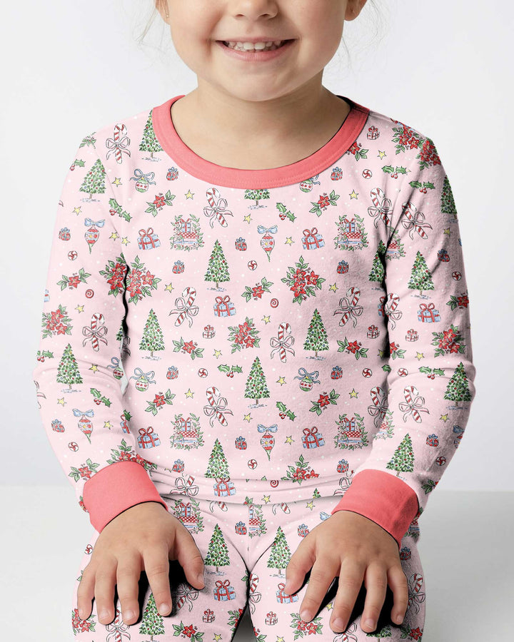 Watercolor Pink Christmas Holidays Christmas Tree Gifts Candy Cane Bamboo Two Piece Long Sleeve Pajama Set