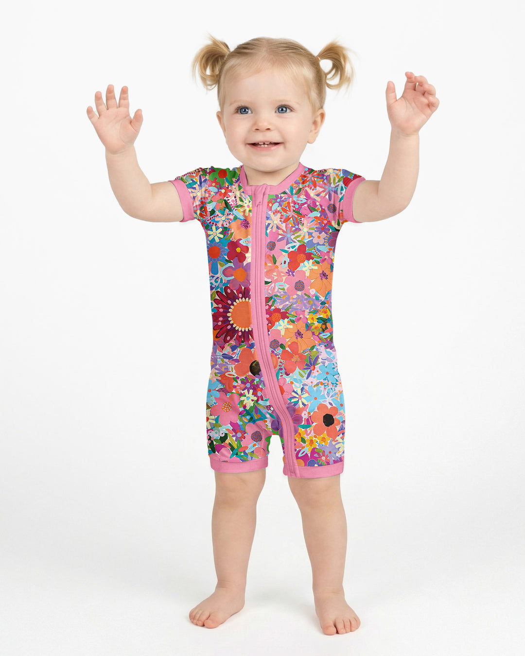 Rainbow Blooms Bamboo Shorty Zippered Romper