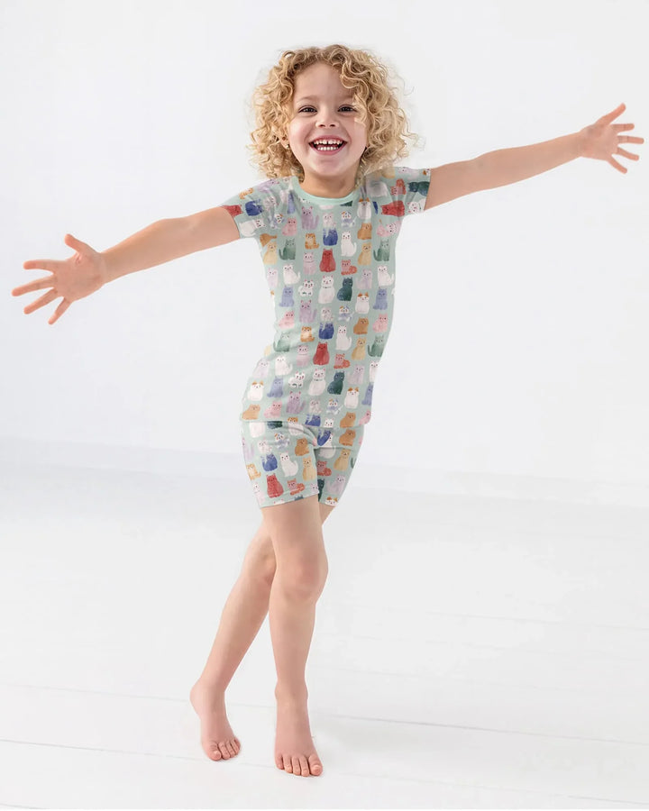 Enchanted Happy Kitty Family Matching Bamboo Two Piece Short Sleeve Shorts Pajama Set