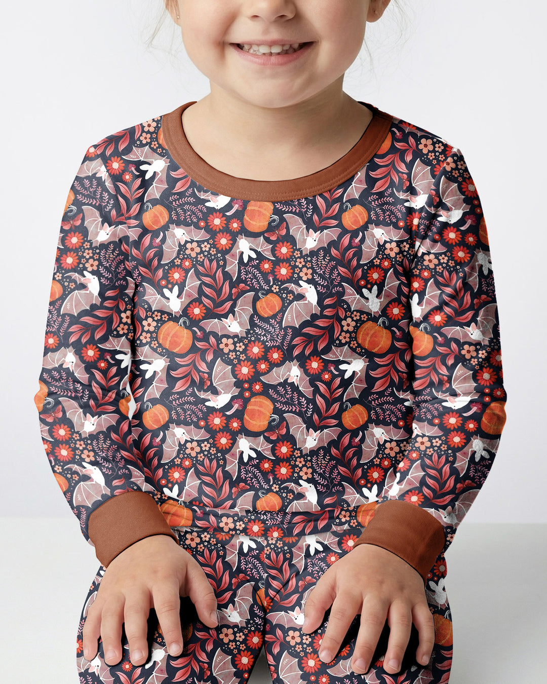 Bat Pumpkin Floral Halloween Bamboo Two Piece Long Sleeve Pajama Set