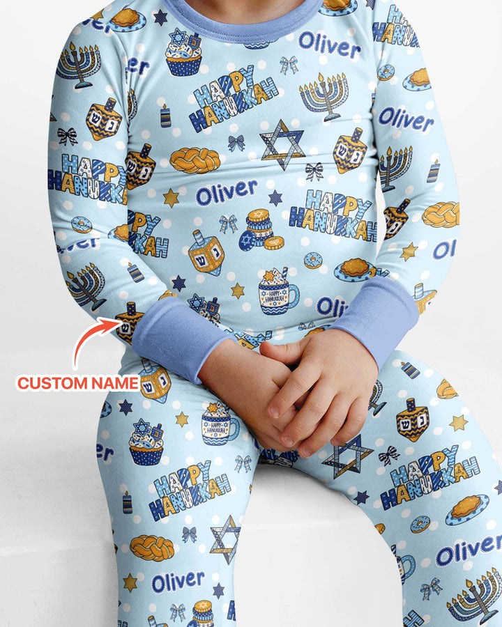 Custom Name Jewish Holiday Bamboo Two Piece Long Sleeve Pajama Set