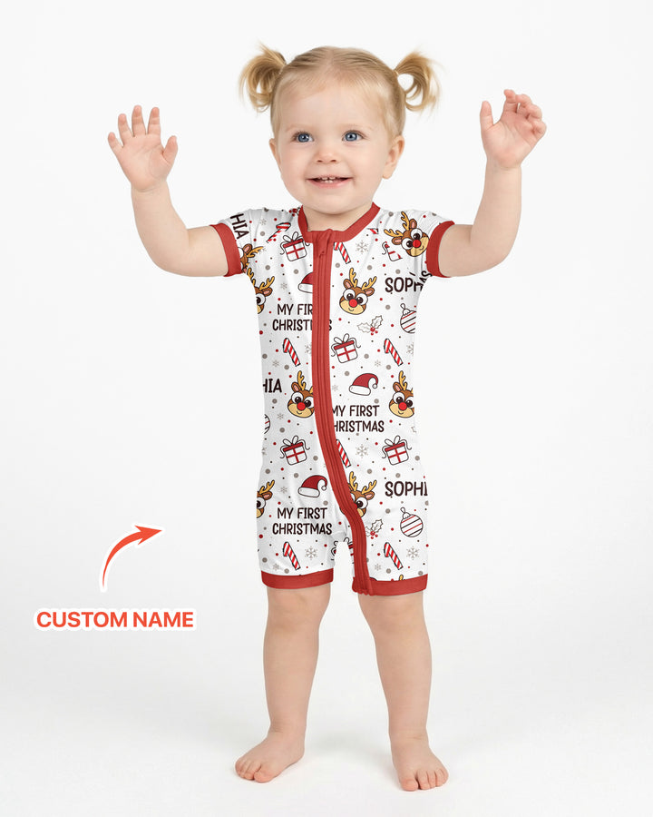 Custom Name Reindeer Doodle My First Christmas Bamboo Shorty Zippy