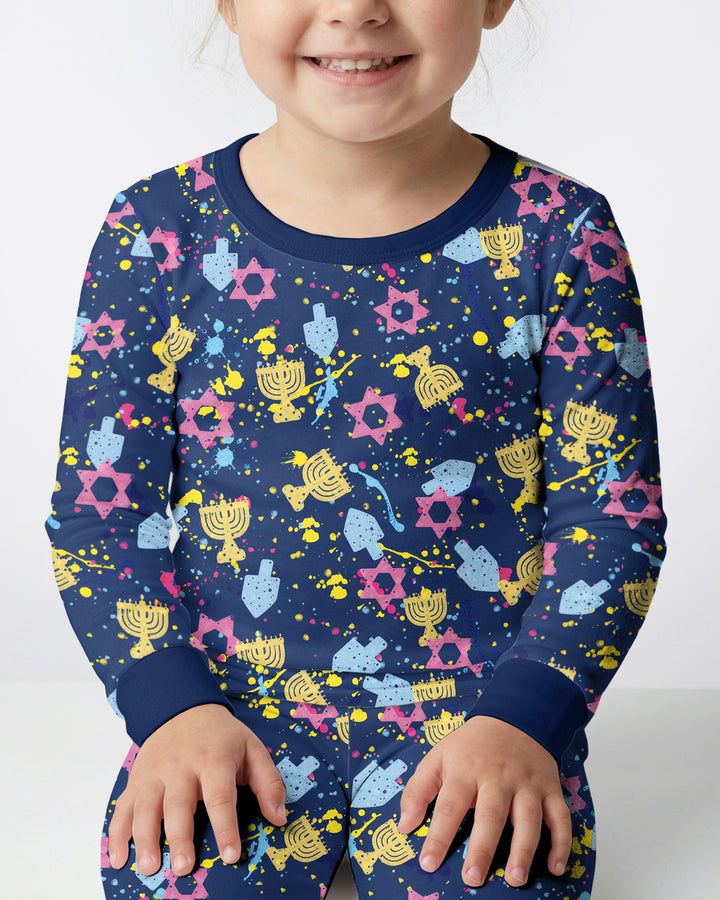 Hanukkah Family Splatter Paint  Bamboo Two Piece Long Sleeve Pajama Set