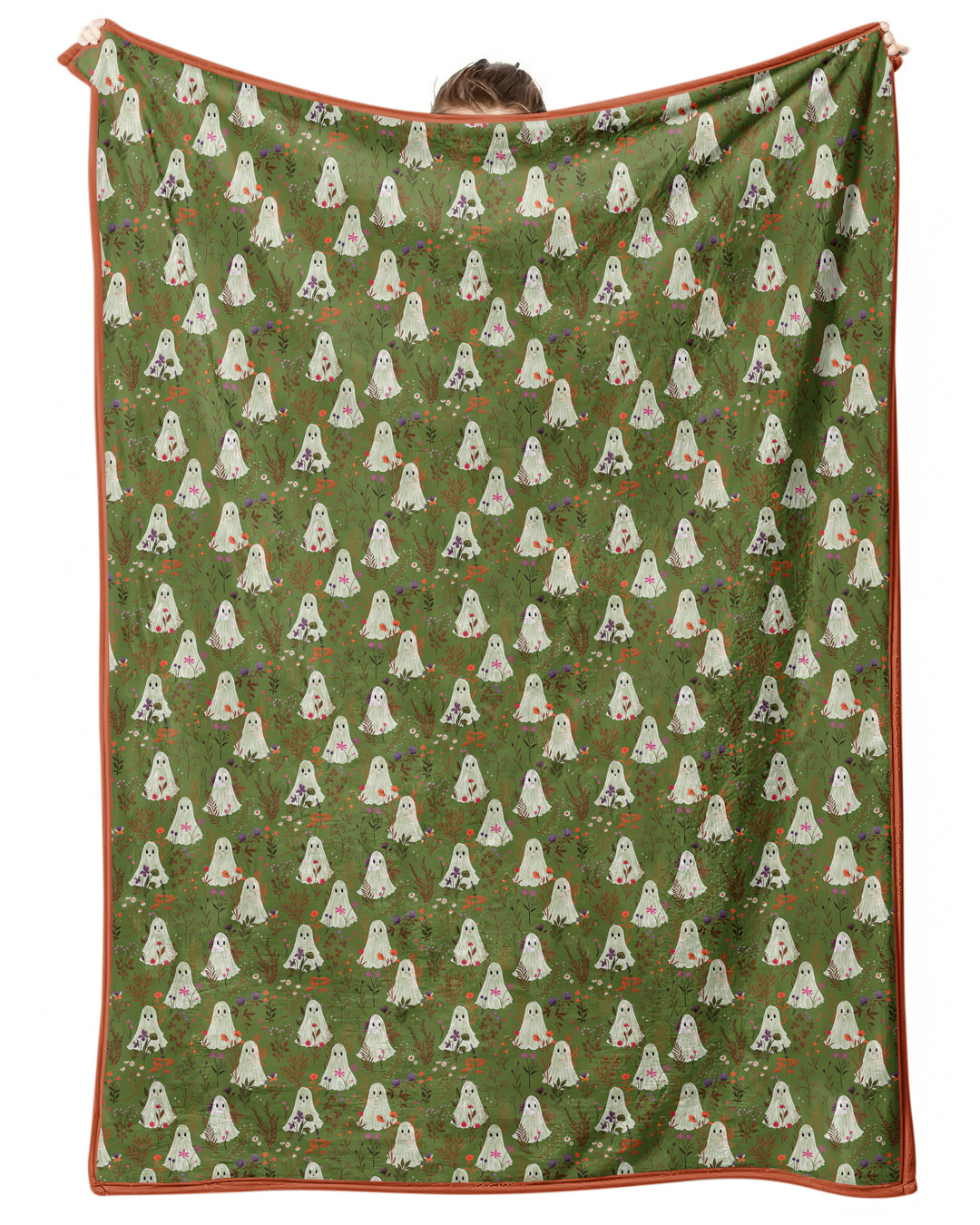 Cute Ghost Halloween Moss Green Floral Bamboo Blanket