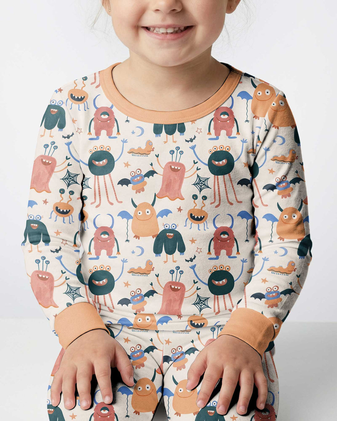 Monsters Fun Pastels Hand Painted Cute Bamboo Two Piece Long Sleeve Pajama Set