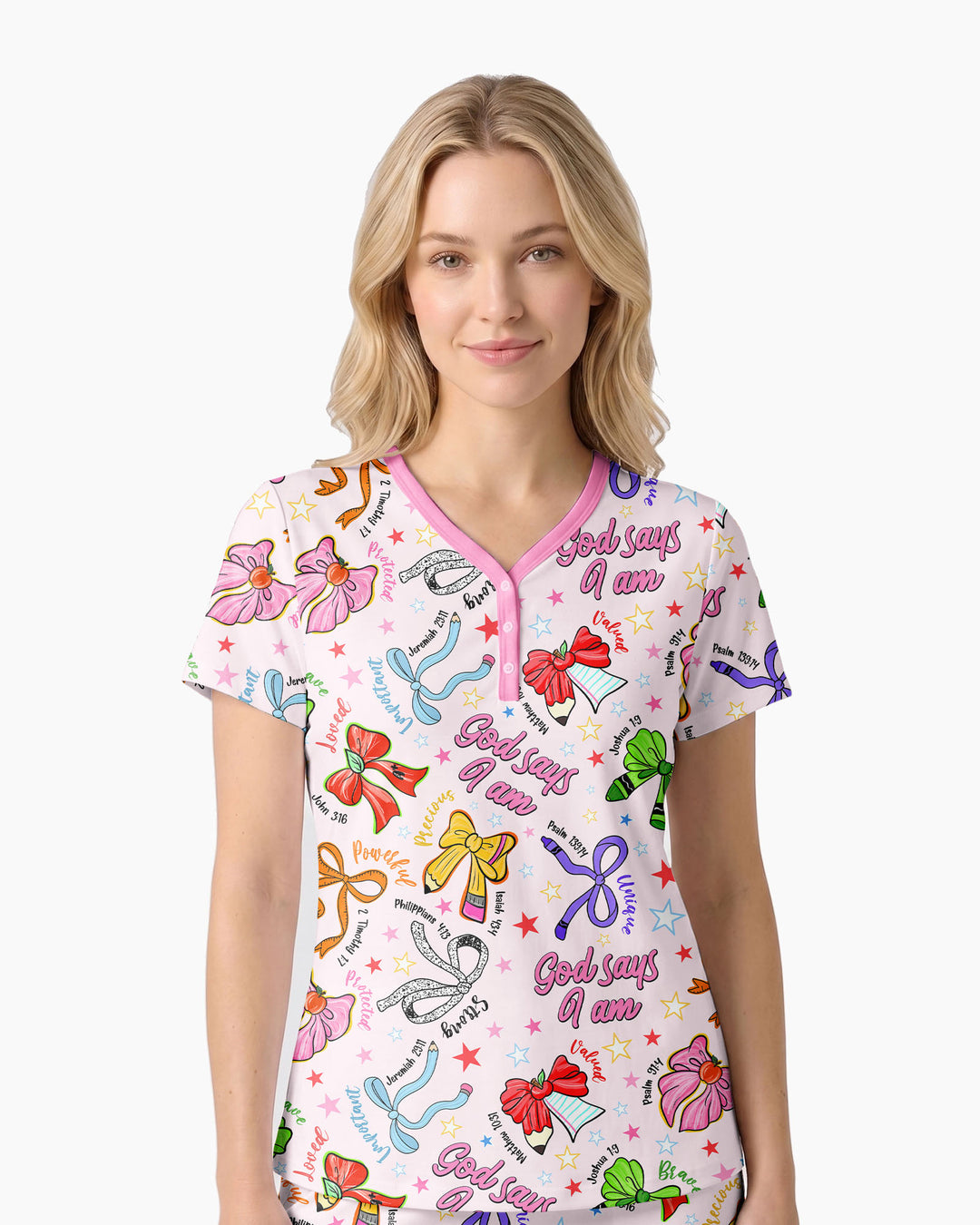 Pencil Bows God Says I Am Bamboo Women Short Sleeve Short Pajama Set