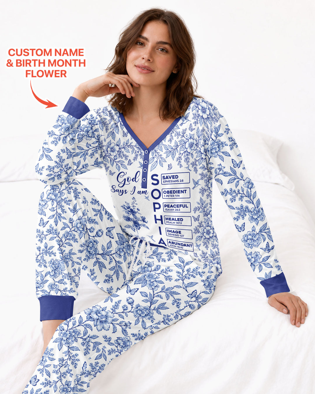 God Says I Am Letter In Bible Birth Flower Toile De Jouy  Bamboo Women Pajama Set