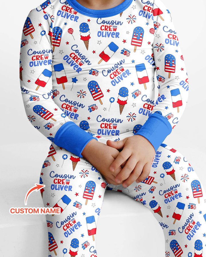 Custom Name 4th of July Cousin Crew Bamboo Two Piece Long Sleeve Pajama Set
