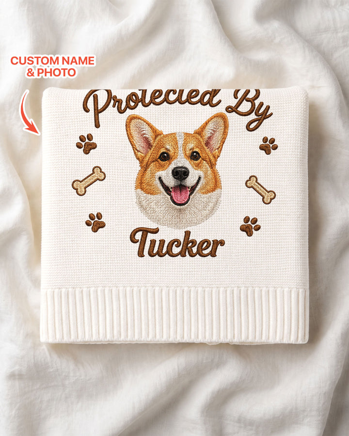 Protected By Dog Embroidered Baby Cotton Blanket