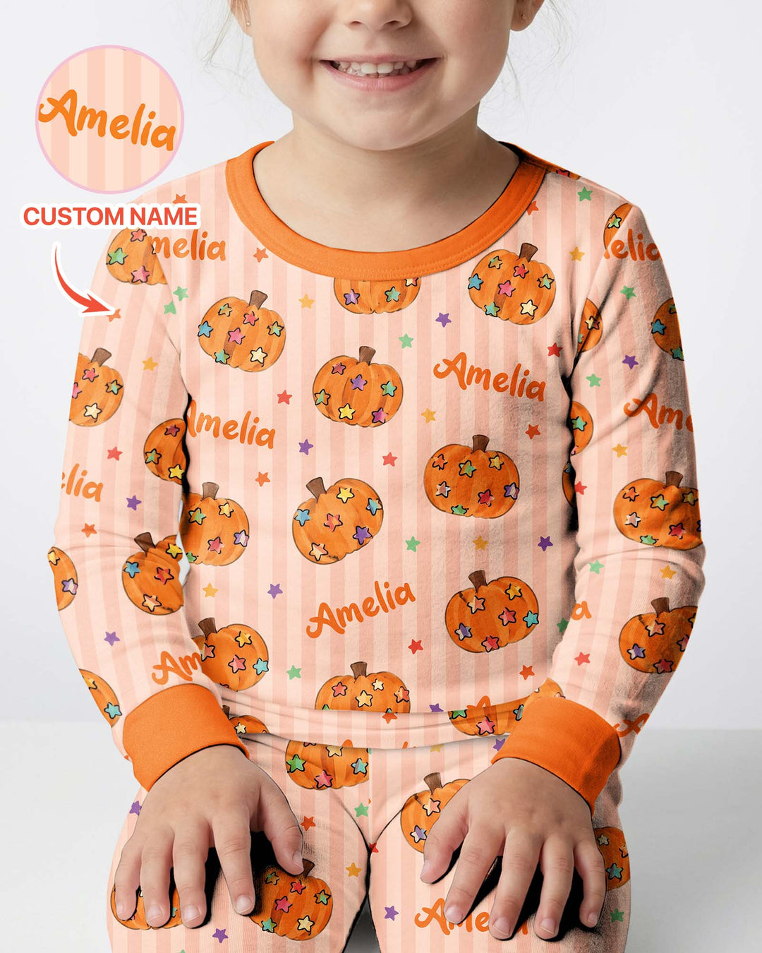 Colorful Star Pumpkin Custom Name Bamboo Two Piece Long Sleeve Pajama Set