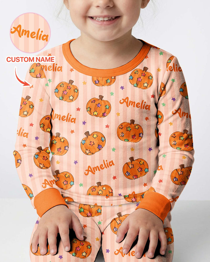 Colorful Star Pumpkin Custom Name Bamboo Two Piece Long Sleeve Pajama Set