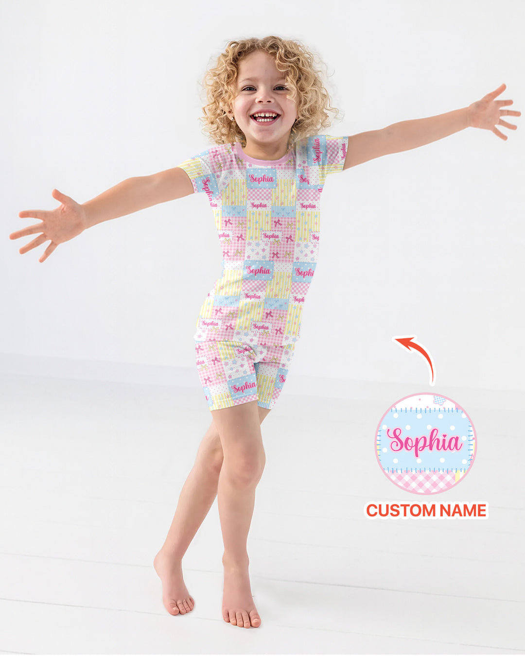 Custom Name Sweet Patchwork Bamboo Two Piece Short Sleeve Shorts Pajama Set