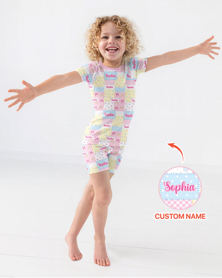 Custom Name Sweet Patchwork Bamboo Two Piece Short Sleeve Shorts Pajama Set