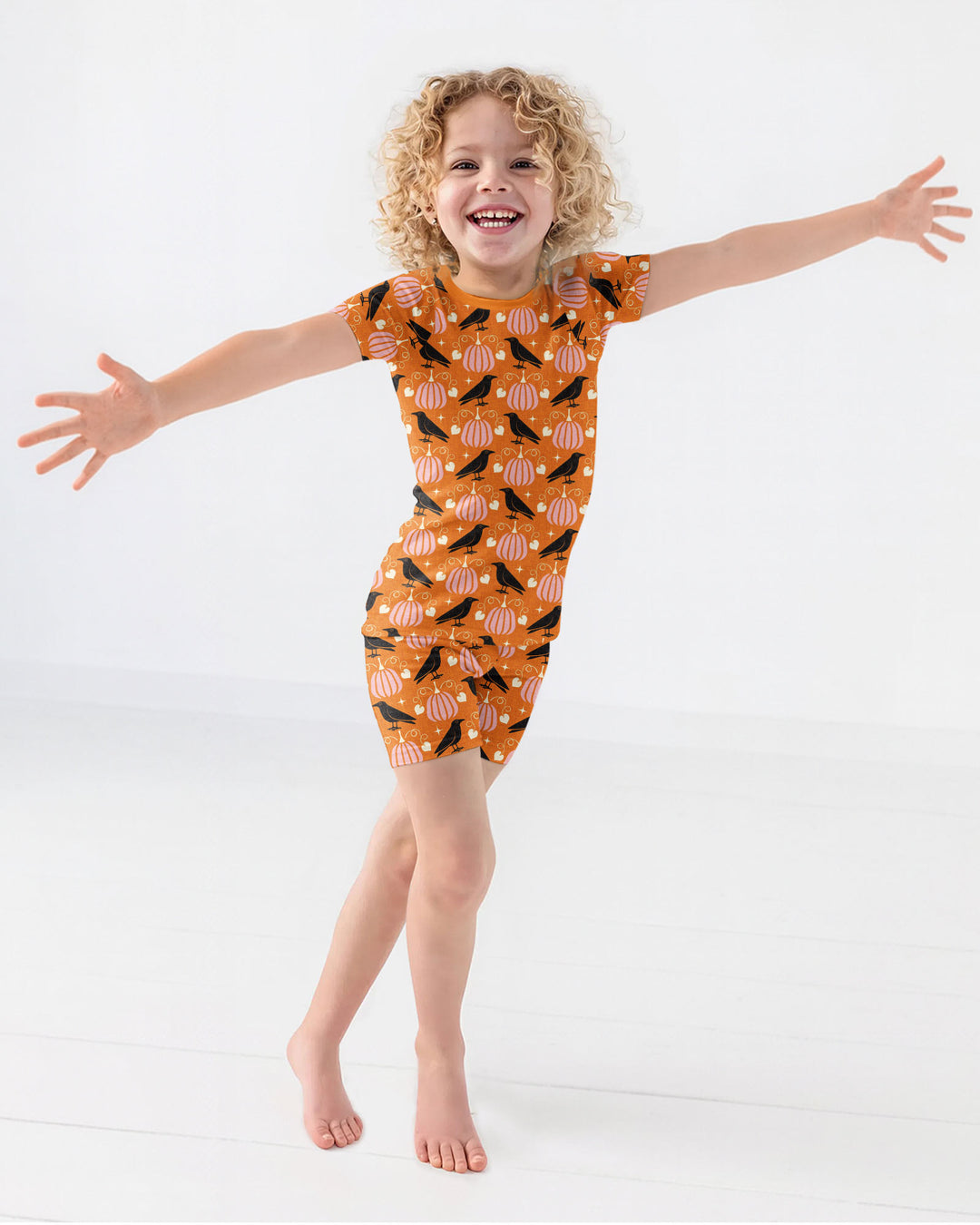 Ravens in a Pumpkin Patch - Orange Pink Bamboo Two Piece Short Sleeve Shorts Pajama Set