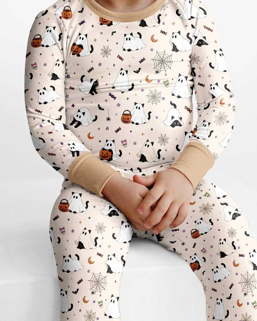 Ghost Cat Vintage Halloween Bamboo Two Piece Long Sleeve Pajama Set