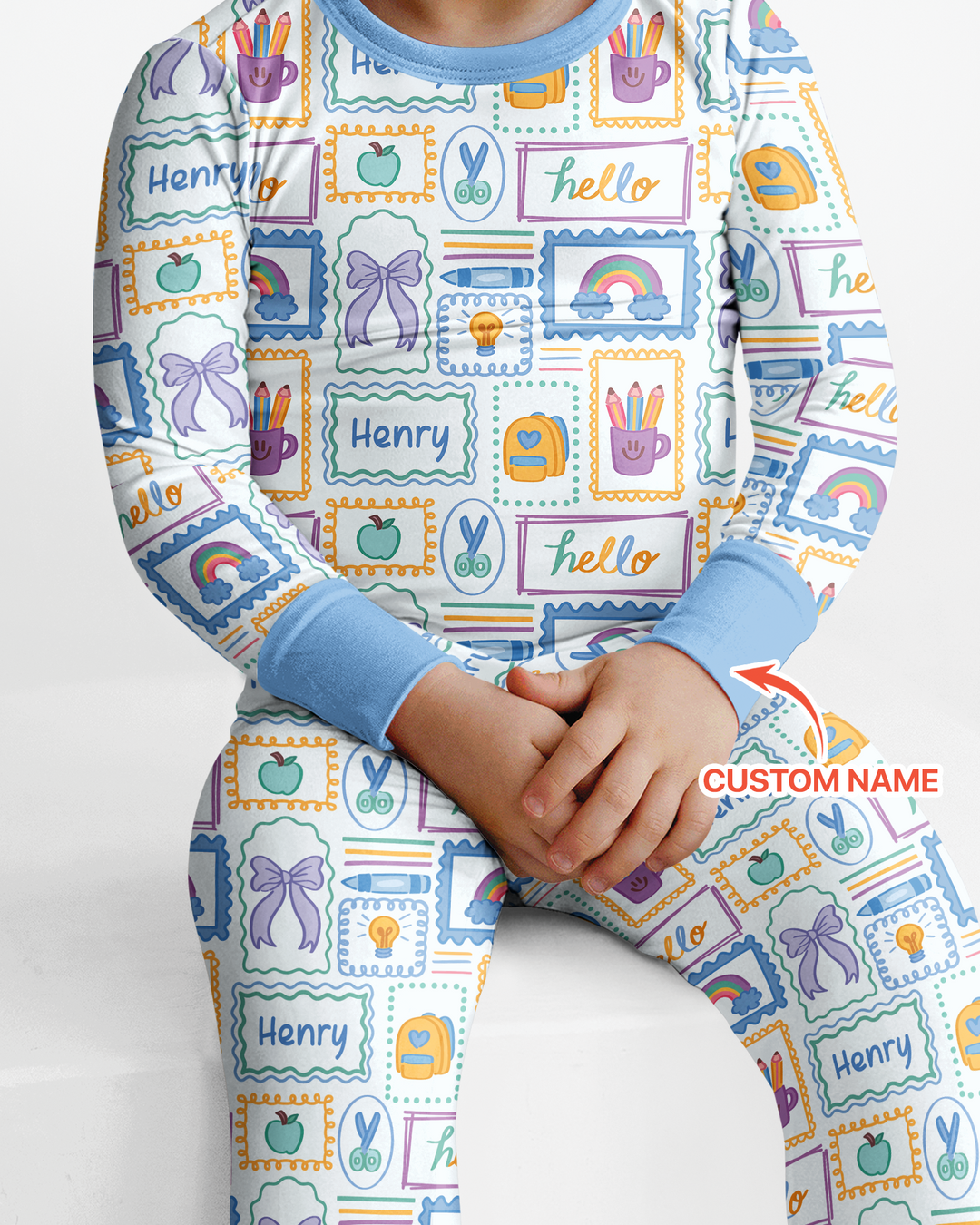Custom Name Hello School Bamboo Two Piece Long Sleeve Pajama Set