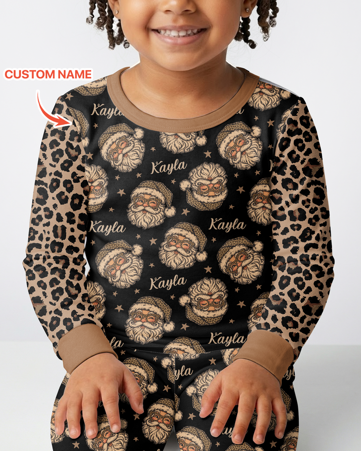Custom Name Vintage Leopard Santa Bamboo Two Piece Long Sleeve Pajama Set