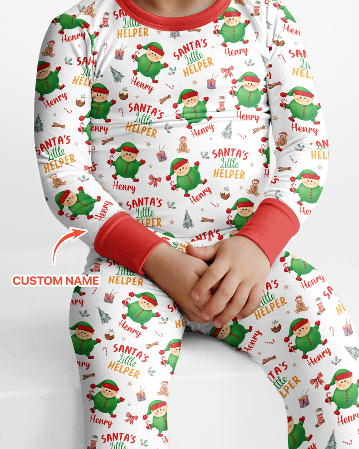 Custom Name Santa's Little Helper Bamboo Two Piece Long Sleeve Pajama Set