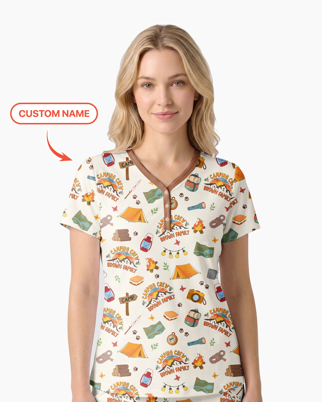 Custom Name Camping Crew Family Matching Bamboo Women Short Sleeve Short Pajama Set