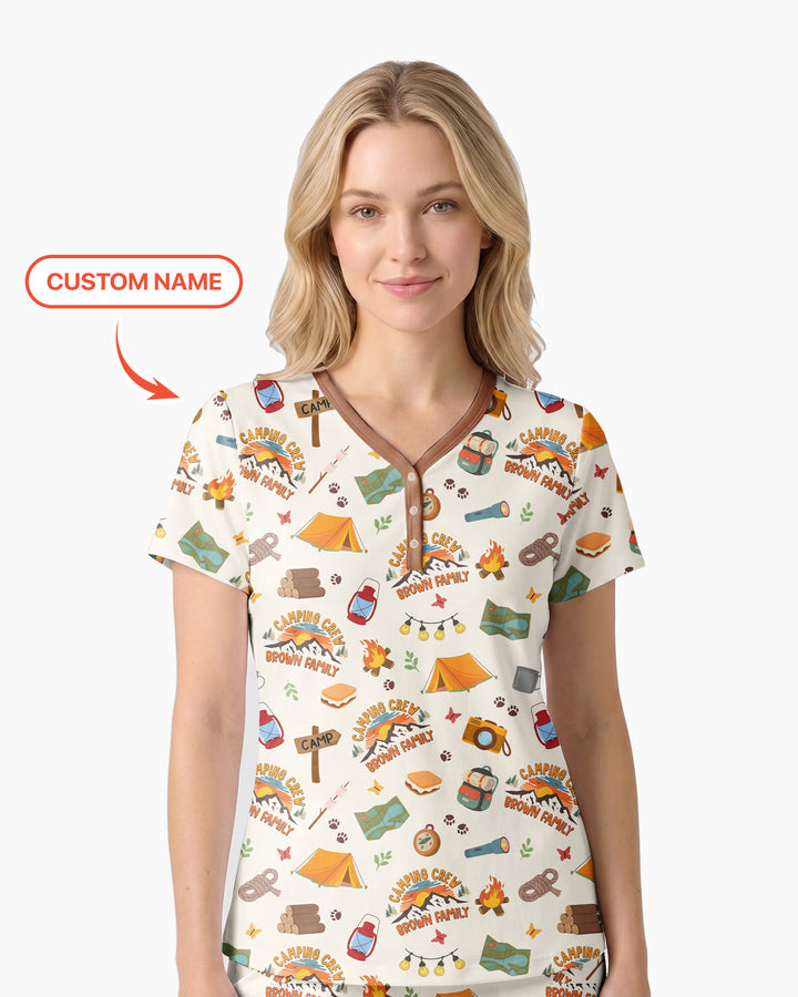 Custom Name Camping Crew Family Matching Bamboo Women Short Sleeve Short Pajama Set