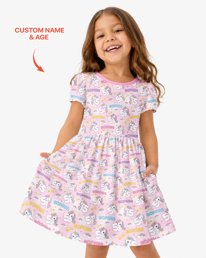 Custom Name Kawaii Unicorn Birthday Bamboo Twirl Dress