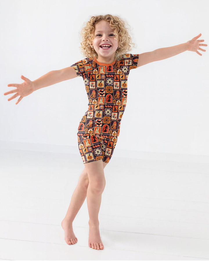 Retro Halloween Patchwork Icons Bamboo Two Piece Short Sleeve Shorts Pajama Set